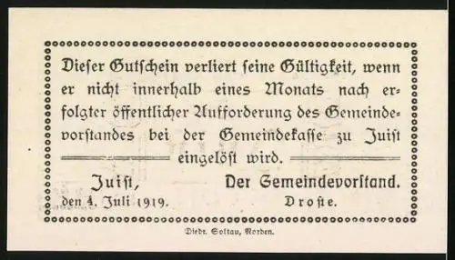 Notgeld Juist 1919, 50 Pfennig, Seelöwe am Wasser