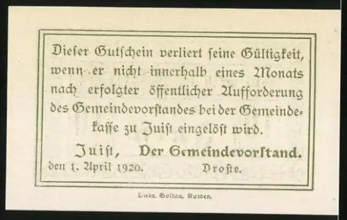 Notgeld Juist 1920, 10 Pfennig, Seelöwe schaut über das Meer