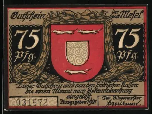 Notgeld Wesel 1921, 75 Pfennig, Wappen, der letzte Gang