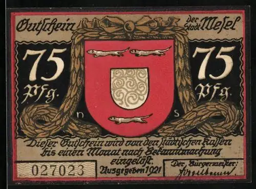 Notgeld Wesel 1921, 75 Pfennig, die Erschiessung, Wappen