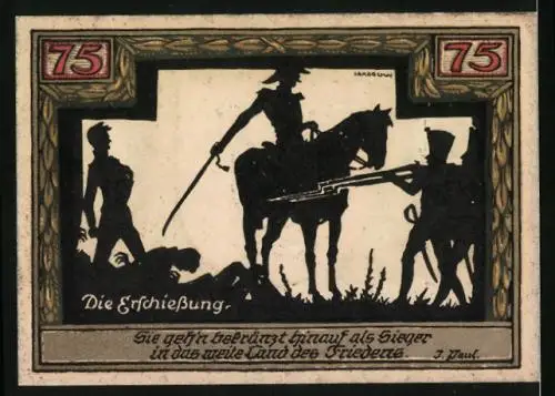 Notgeld Wesel 1921, 75 Pfennig, die Erschiessung, Wappen