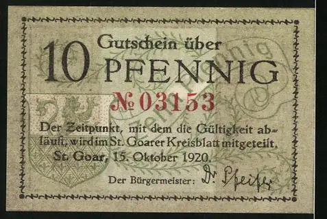 Notgeld St. Goar 1920, 10 Pfennig, Blick auf die Burg
