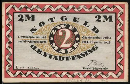 Notgeld Pasing 1918, 2 Mark, Wappen nebst Baum