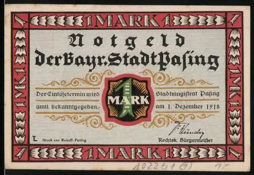 Notgeld Pasing 1918, 1 Mark, Zwei Wappen