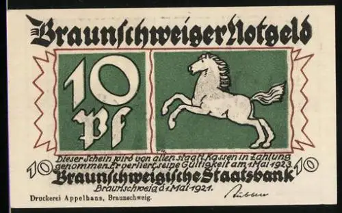 Notgeld Braunschweig 1921, 10 Pfennig, Orsteilansicht mit Silhouette der restlichen Stadt