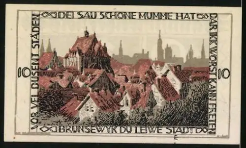 Notgeld Braunschweig 1921, 10 Pfennig, Orsteilansicht mit Silhouette der restlichen Stadt