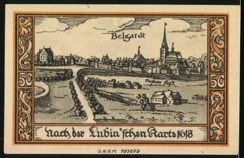 Notgeld Belgard, 50 Pfennig, Die Stadt nach der Lubin`schen Karte 1618