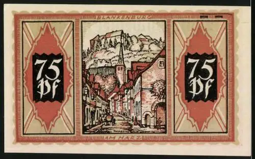 Notgeld Braunschweig 1921, 75 Pfennig, Strassenpartie mit Kirche in Blankenburg