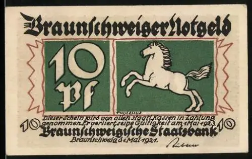 Notgeld Braunschweig 1921, 10 Pfennig, Till Eulenspiegel mit Spiegel und Eule