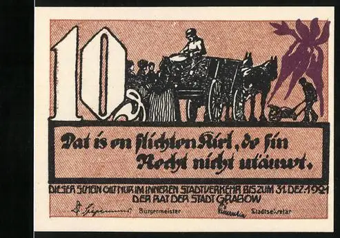 Notgeld Grabow 1921, 10 Pfennig, Mann auf einer Kutsche verteilt etwas