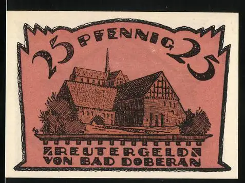 Notgeld Bad Doberan, 25 Pfennig, Ansicht eines Hauses am Fluss