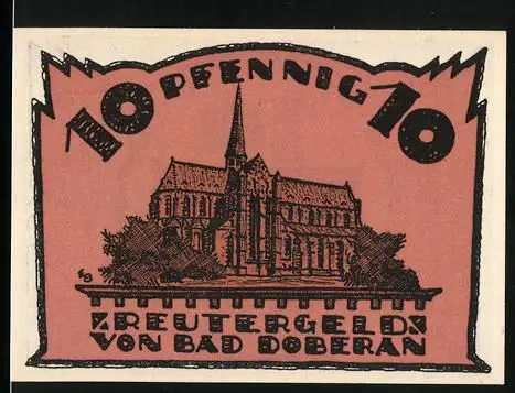 Notgeld Bad Doberan, 10 Pfennig, Blick auf die Kirche