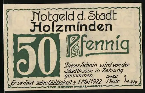 Notgeld Holzminden 1922, 50 Pfennig, Strassenpartie mit einem Heuwagen