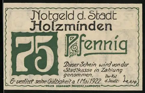 Notgeld Holzminden 1922, 75 Pfennig, Ortspartie mit Kirche