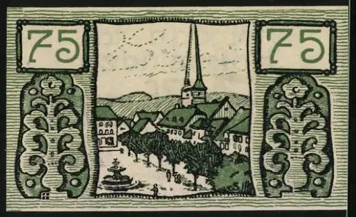 Notgeld Holzminden 1922, 75 Pfennig, Ortspartie mit Kirche