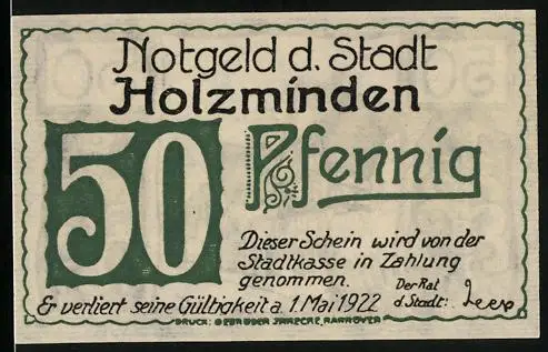 Notgeld Holzminden 1922, 50 Pfennig, Ortspartie mit einem Heuwagen