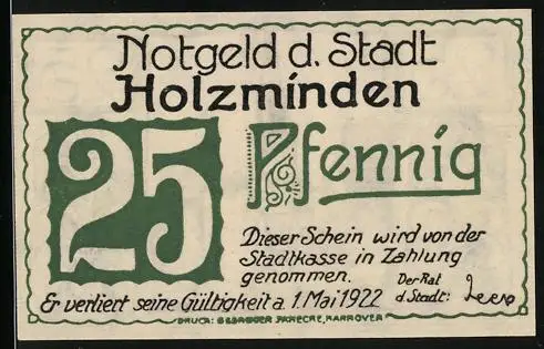 Notgeld Holzminden 1922, 25 Pfennig, Die Kirche von einer Brücke aus