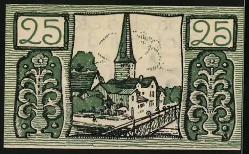 Notgeld Holzminden 1922, 25 Pfennig, Die Kirche von einer Brücke aus