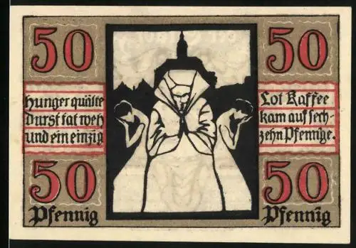 Notgeld Naumburg a. Saale 1920, 50 Pfennig, Nonne betet für Hungerleidende