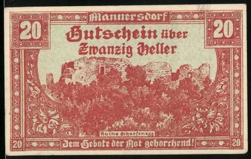 Notgeld Mannersdorf 1920, 20 Heller, Ruine Scharfenegg