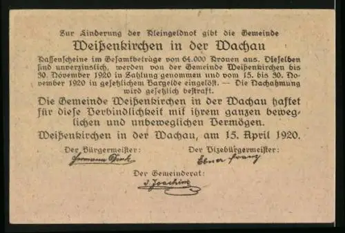 Notgeld Weissenkirchen i. d. Wachau 1920, 20 Pfennig, Wegkreuz vor Ortsansicht