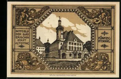 Notgeld Altötting, 50 Pfennig, Rathaus und Kirche