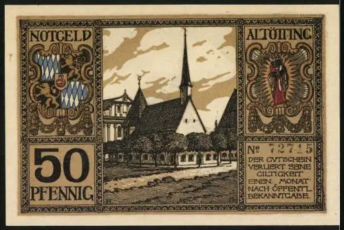 Notgeld Altötting, 50 Pfennig, Rathaus und Kirche