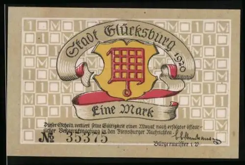 Notgeld Glücksburg 1920, 1 Mark, Blick aufs Schloss Glücksburg