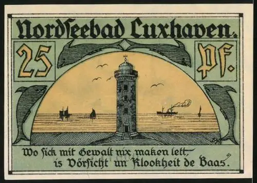 Notgeld Cuxhaven 1921, 25 Pfennig, Dampfer auf stürmischer See, Leuchtturm