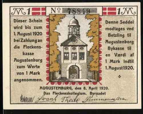 Notgeld Augustenburg 1920, 1 Mark, Uhrenturm, Glocke