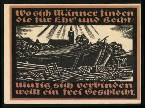 Notgeld Genthin 1921, 50 Pfennig, Schiff während des Baus