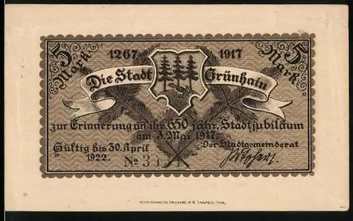 Notgeld Grünhain 1917, 5 Mark, Ruinen des Zisterzienserklosters 1632