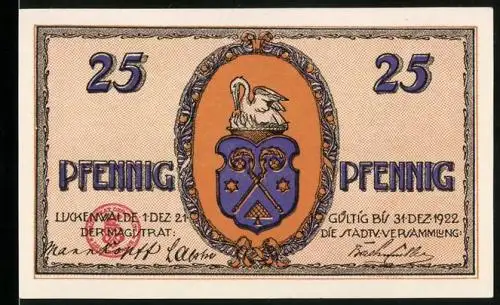 Notgeld Luckenwalde 1921, 25 Pfennig, Wappen und Webstuhl