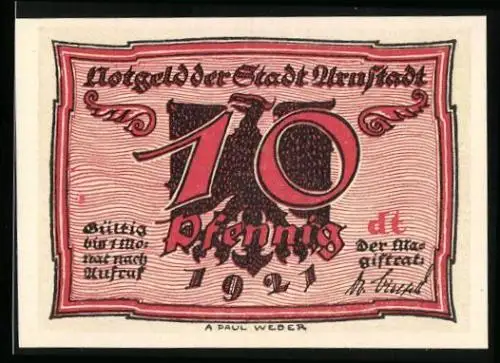 Notgeld Arnstadt 1921, 10 Pfennig, Adler isst Notgeldscheine und defäkiert Goldmünzen