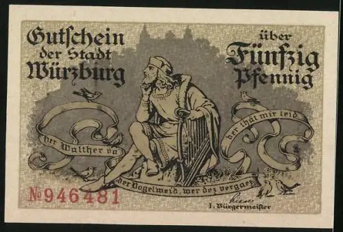 Notgeld Würzburg, 50 Pfennig, Walther von der Vogelweide