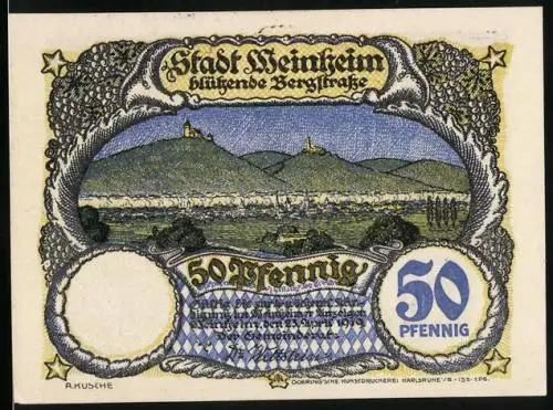 Notgeld Weinheim 1919, 50 Pfennig, Ortsansicht und Bergstrasse