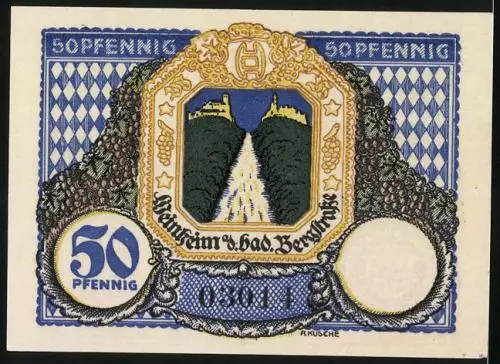 Notgeld Weinheim 1919, 50 Pfennig, Ortsansicht und Bergstrasse