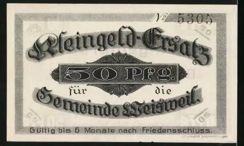 Notgeld Weisweil, 50 Pfennig, einzulösen bei Wilh. Klipfel, Kaufmann