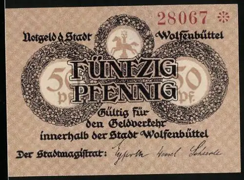Notgeld Wolfenbüttel 1918, 50 Pfennig, Wappen mit Pferd