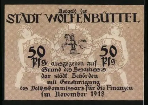 Notgeld Wolfenbüttel 1918, 50 Pfennig, Wappen mit Pferd