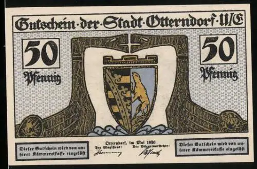 Notgeld Otterndorf u. E. 1920, 50 Pfennig, Stadtszene am Fluss mit Kutter