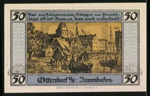 Notgeld Otterndorf u. E. 1920, 50 Pfennig, Stadtszene am Fluss mit Kutter