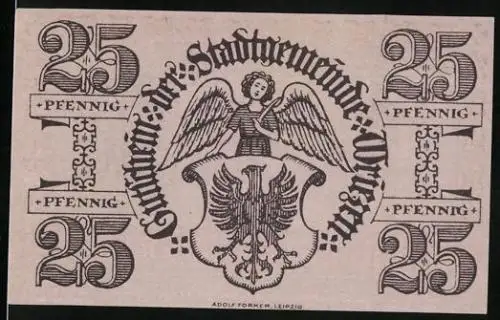 Notgeld Wriezen 1919, 25 Pfennig, Blick auf die Kirche