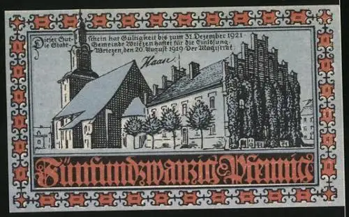 Notgeld Wriezen 1919, 25 Pfennig, Blick auf die Kirche