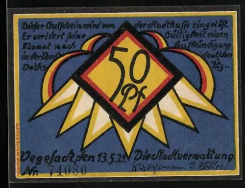 Notgeld Vegesack 1921, 50 Pfennig, Schiff vor der Stadt