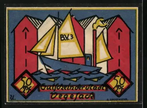 Notgeld Vegesack 1921, 50 Pfennig, Schiff vor der Stadt