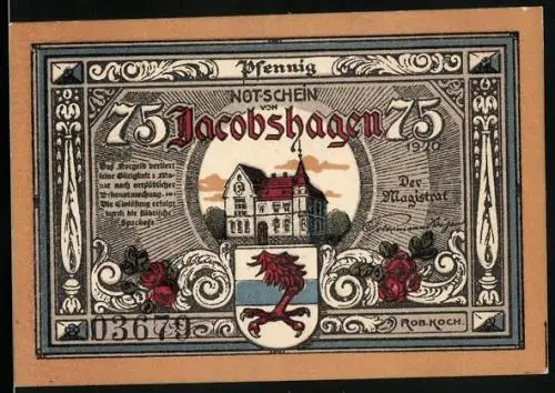 Notgeld Jacobshagen 1920, 75 Pfennig, Blick aufs Schloss und Engel bei der Aussaat