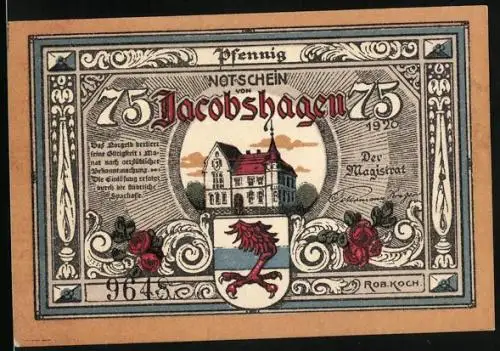 Notgeld Jacobshagen 1920, 75 Pfennig, Schloss und zwei Babys mit Füllhörnern