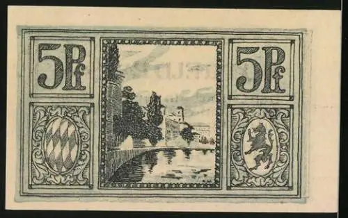 Notgeld Passau, 5 Pfennig, Stadtbild am Fluss