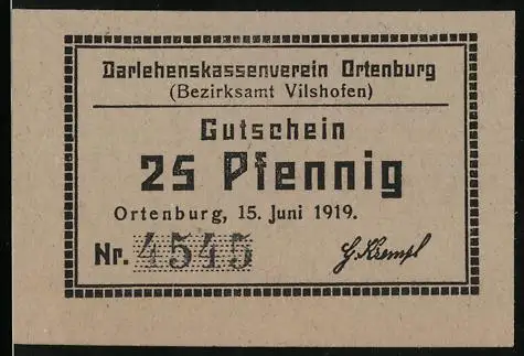 Notgeld Ortenburg 1919, 25 Pfennig, einzulösen beim Darlehenskassenverein
